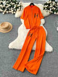 Leisure Short Sleeved Knitted Cardigan & High Waist Wide Leg Pants