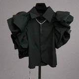 Exaggerated Ruffled Sleeve Black Slim Fit Blouses