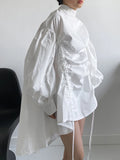 Drawstring Puffed Sleeve White Blouse
