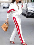 High Neck Zippered Loose Fit Jacket and High Waist Side-striped Pants (Sold Seperately)