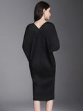 Miyake Solid Pleated Batwing Sleeve Mid-Calf Dress