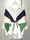 Lapel Long Sleeves Bow Decoration Color Block Top