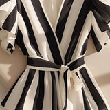 Striped Slim Fit V-Neck Shirt Ruffles Blouse