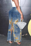 Blue Long Denim Skirt with Metallic