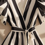 Striped Slim Fit V-Neck Shirt Ruffles Blouse