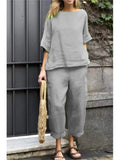 2 Piece Set - Half Sleeve O Neck Top And Loose Pocket Pant