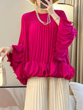 Pleated Appliques Round Collar Blouse