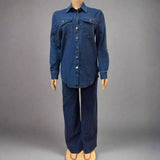 2-Piece Matching Set - Solid Color Long Sleeve Denim Top And Jean