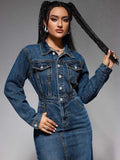 Turn-Down Collar Denim Maxi Dress