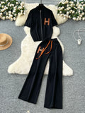 Leisure Short Sleeved Knitted Cardigan & High Waist Wide Leg Pants