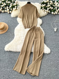 Leisure Short Sleeved Knitted Cardigan & High Waist Wide Leg Pants