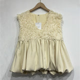 Sleeveless V- Neck Puff Bottom Feathery Detailed Vest