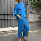 2 Piece Set - Half Sleeve O Neck Top And Loose Pocket Pant
