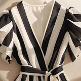 Striped Slim Fit V-Neck Shirt Ruffles Blouse