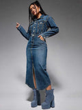 Turn-Down Collar Denim Maxi Dress