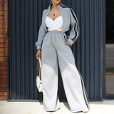 Two-Piece Tracksuit Set - Striped Side Jacket and Wide Leg Sweatpant