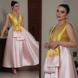 Dual Color Satin Deep V Evening Ball Gown Dress