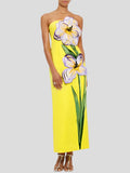 Yellow strapless dress with floral design worn by a model on a white background, featuring the brand 'TwoTwinStyle'.