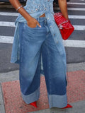 Elegant Wide Leg Cuffed Jeans