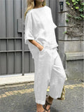 2 Piece Set - Half Sleeve O Neck Top And Loose Pocket Pant