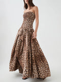 Leopard print strapless gown on a white background