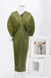LANMREM Pleated Dress V Neck Batwing Stretch Dress