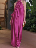 Fuchsia Halter Maxi Dress| Elegant A-Line Pleated Gown