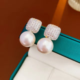 Zircon Pearl Stud Earrings| Geometric Square Round