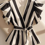 Striped Slim Fit V-Neck Shirt Ruffles Blouse