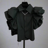 Exaggerated Ruffled Sleeve Black Slim Fit Blouses