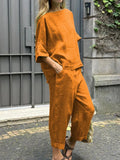 2 Piece Set - Half Sleeve O Neck Top And Loose Pocket Pant