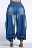 Blue denim wide-leg pants on a white background