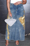 Blue Long Denim Skirt with Metallic