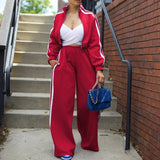 Two-Piece Tracksuit Set - Striped Side Jacket and Wide Leg Sweatpant