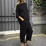 2 Piece Set - Half Sleeve O Neck Top And Loose Pocket Pant
