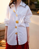 Gold Jewelry Button Embellished Cotton Blouse Shirt
