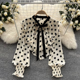 Vintage Polka Dot Long Sleeve Ruffle Shirt