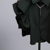 Exaggerated Ruffled Sleeve Black Slim Fit Blouses