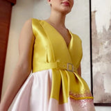 Dual Color Satin Deep V Evening Ball Gown Dress