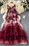 French Vintage Floral Print Dress w/Tulle Embellishment