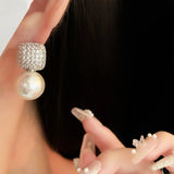 Zircon Pearl Stud Earrings| Geometric Square Round