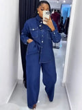 2-Piece Matching Set - Solid Color Long Sleeve Denim Top And Jean