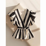 Striped Slim Fit V-Neck Shirt Ruffles Blouse