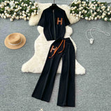 Leisure Short Sleeved Knitted Cardigan & High Waist Wide Leg Pants