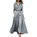 British Style Long Sleeves Pleated Lapel Wide Leg Jumpsuit
