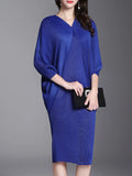 Miyake Solid Pleated Batwing Sleeve Mid-Calf Dress