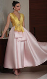 Dual Color Satin Deep V Evening Ball Gown Dress