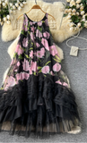 French Vintage Floral Print Dress w/Tulle Embellishment