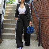 Two-Piece Tracksuit Set - Striped Side Jacket and Wide Leg Sweatpant
