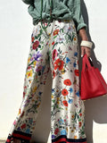 Women 2 Pieces Tracksuits Outfits Fiesta Satin Floral Print Button Down Shirts & Pocketed Wide Leg Pants Set